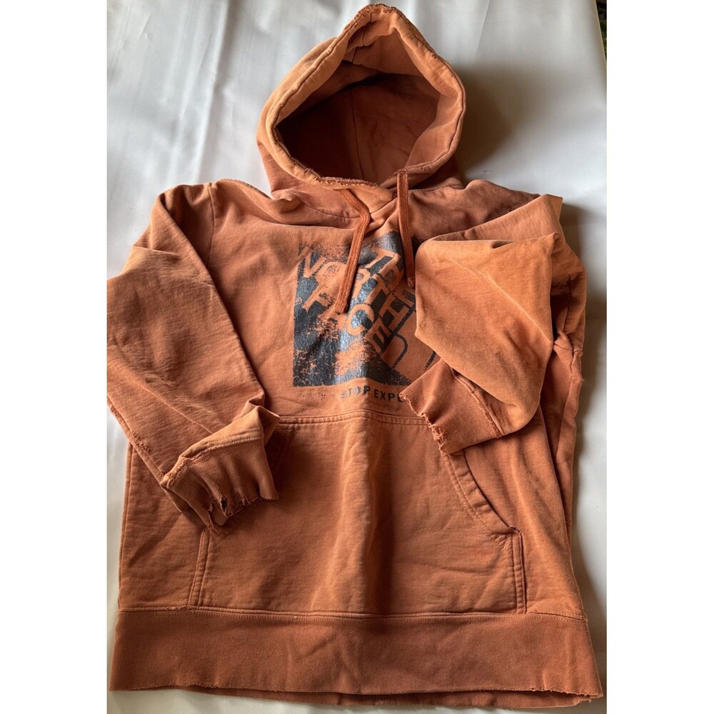 The North Face Mens Hoodie M Distressed Logo Hooded Pullover Orange